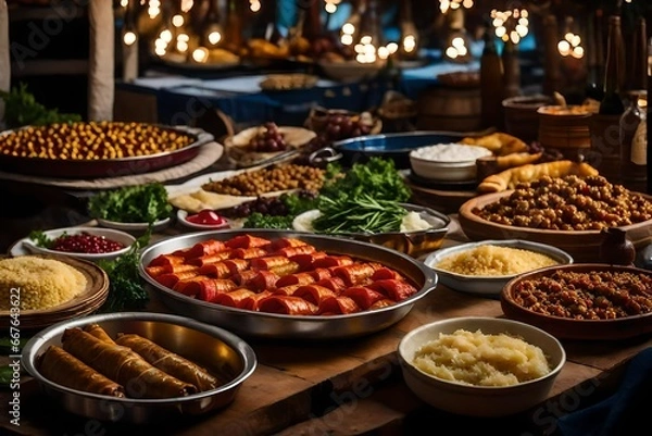 Fototapeta the enchanting sight of a rustic Greek village feast, with long tables laden with an array of traditional dishes like dolmades, moussaka, and baklava