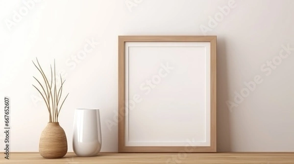 Fototapeta Blank vertical frame on a monochrome soft background in beige colors. Mock up for a photo or illustration