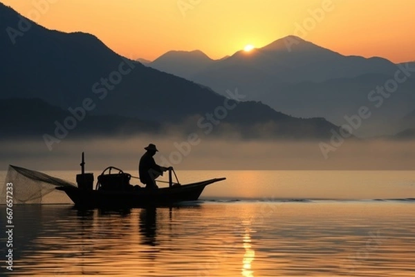 Fototapeta Silhouette of a fisherman on a boat against the backdrop of mountains with the setting sun
