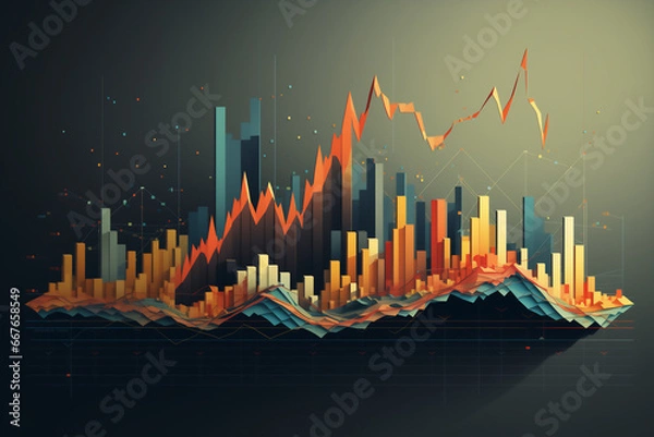 Fototapeta abstract creative financial chart hologram on modern business center exterior background, research and strategy concept