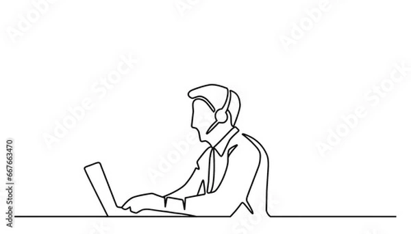 Fototapeta person with laptop working, business people vector line art