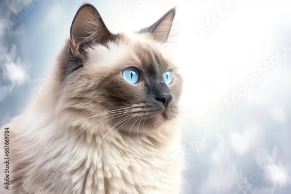Obraz Portrait of a beautiful Burmese cat with blue eyes. Light background