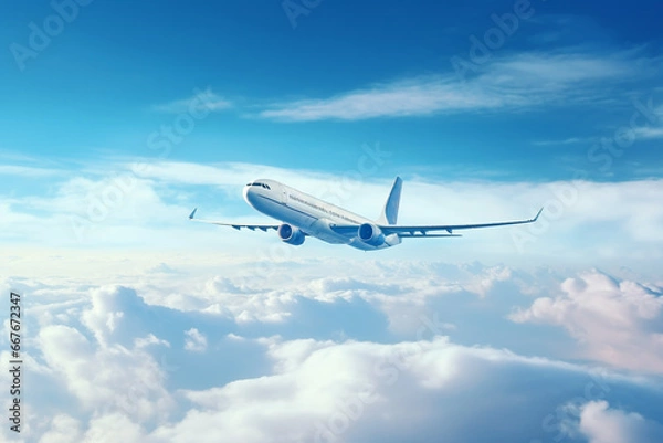 Fototapeta Airplane flying above the clouds in the sky. Aircraft travel concept.