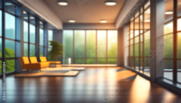 Fototapeta blur background of the empty lobby in the office beautifully blurred background of a light modern office interior environment with panoramic windows illustration ai generative