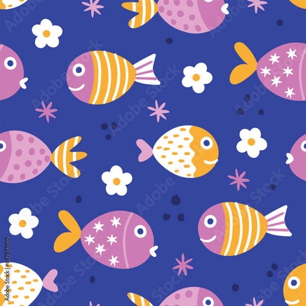 Fototapeta Fish Seamless Pattern Fishes background Cute Summer Seamless Design Sea repeat pattern Fish Wallpaper