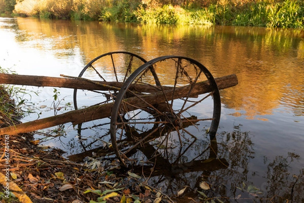Fototapeta Ecology, environmental conservation. Rusty metal in the water of a quiet small river. Autumn, tree branches and fallen leaves. Reflection in water