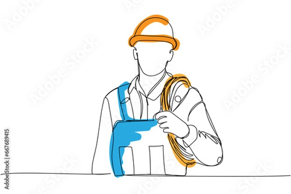 Obraz Builder with cable, hose in work uniform, protective overalls, hard hat, electrician one line art. Continuous line color drawing of repair, professional, hand, people, concept, support, maintenance.