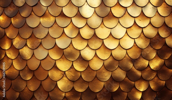Fototapeta Golden dragon scale texture. Dragon, dinosaur skin background. Squama of fish, mermaid, reptile or fantasy monster. Monster leather background. Fantasy pattern. Generated by artificial intelligence