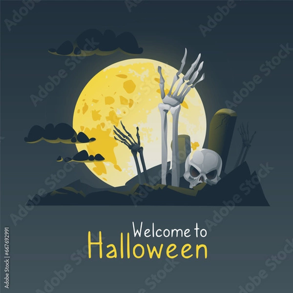 Fototapeta Spooky Halloween Night. Background for Halloween with a view of the cemetery, skulls and crossbones