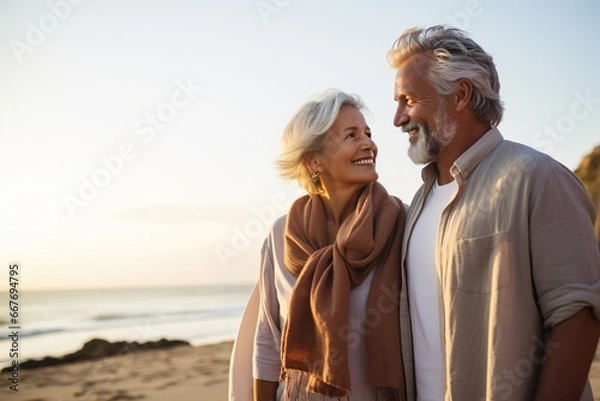 Fototapeta Happy Senior Couple Enjoying a Beach Stroll, Recalling Memories and Staying Healthy
