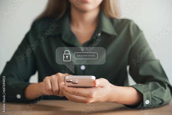 Fototapeta Cybersecurity and privacy concepts to protect data. Lock icon and internet network security technology. Businesswomen protecting personal data on smartphone virtual interfaces.