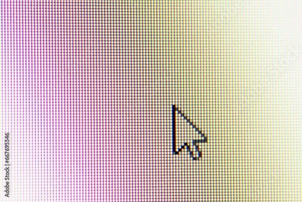 Obraz Close up of mouse cursor on computer screen. Macro shot of cursor on pixelated screen