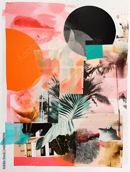 Fototapeta Collage portrait. Magazine clippings, fashion shoots, flowers and leaves. Abstract paper collage.