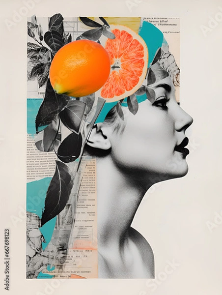 Fototapeta Collage portrait. Magazine clippings, fashion shoots, flowers and leaves. Abstract paper collage.