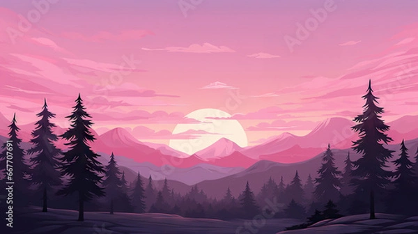 Fototapeta Sunset sky and forest landscape. Cartoon summer sunrise with pink clouds. Sun through the clouds in sky. Morning cloudy heaven panorama. Mountain background. Generative ai