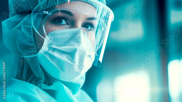 Fototapeta Young female doctor in a green uniform with surgical cap and protection mask, close up portrait, horizontal background. Prevention of Covid-19. AI Generated