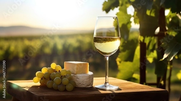 Fototapeta one glass of white wine on a wooden table in clear weather overlooking the vineyards. wine production. alcoholic drink. copy space.