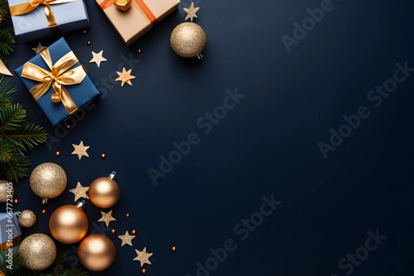 Obraz Christmas greeting card with golden baubles, stars, gift, tree, & dark blue background 