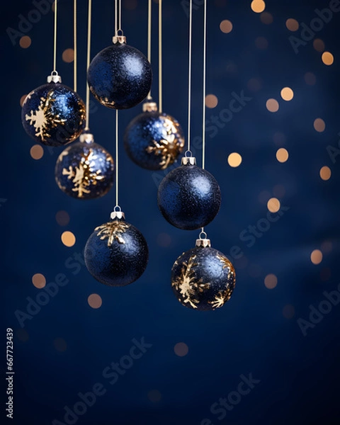 Obraz Blue Christmas tinsel balls with golden snowflakes, dark blue background with gold bokeh