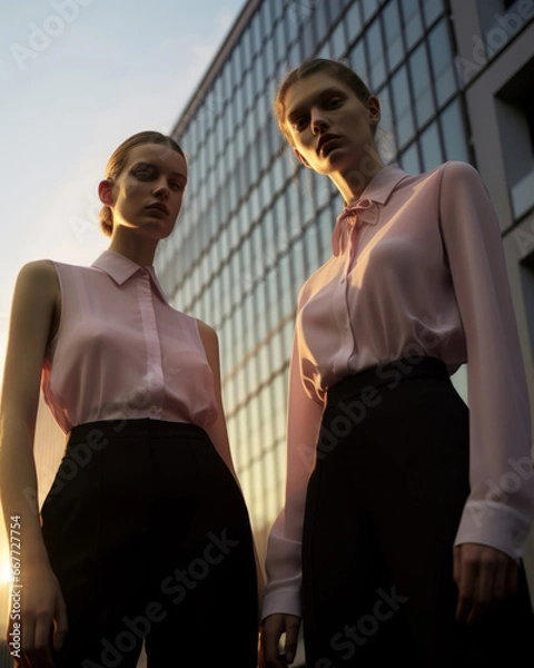 Fototapeta Generative ai twins sisters posing outdoors fashionable and confident