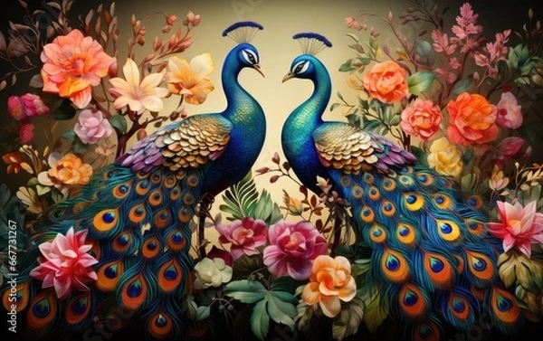 Fototapeta Exceptionally beautiful wall-hanging paintings, featuring a combination of animals, plants, flowers, and abstract elements. Created by AI