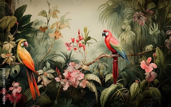 Fototapeta Exceptionally beautiful wall-hanging paintings, featuring a combination of animals, plants, flowers, and abstract elements. Created by AI