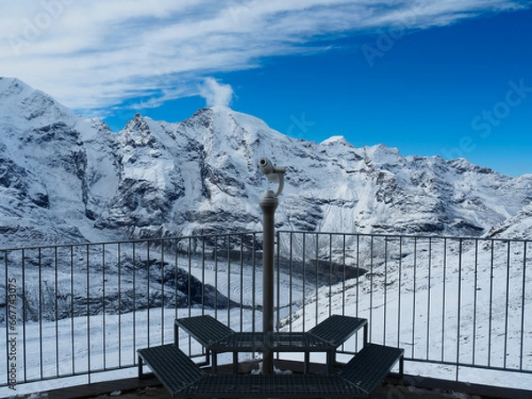 Obraz Long shot of modern telescope at Diavolezza view point, for seeing closely the Bernina Range, one of famous travel destinations in Switzerland. Clearly see Piz Morteratsch and Piz Prievlus on the left