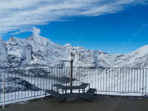 Obraz Long shot of modern telescope at Diavolezza view point, for seeing closely the Bernina Range, one of famous travel destinations in Switzerland. Clearly see Piz Morteratsch and Piz Prievlus on the left