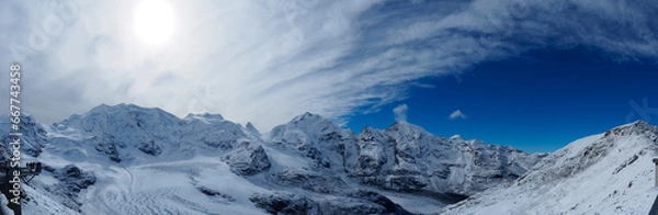 Fototapeta Panorama view of Bernina range from Diavolezza, from left to right: Piz Trovat, Piz Palü, Bellavista, Crast' Agüzza, Piz Bernina, Piz Prievlus and Piz Morteratsch. 