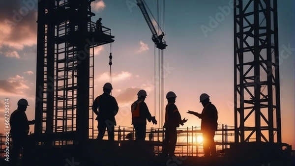 Fototapeta Silhouette of engineer and construction team working safely height building at sunset