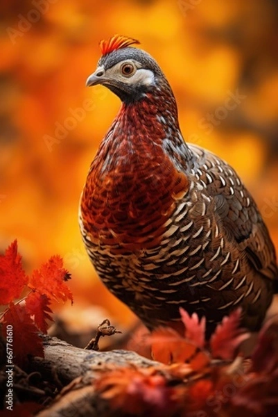Fototapeta A bird stands on a pile of leaves. This image can be used to depict nature, wildlife, or the changing seasons