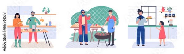 Fototapeta People with smartphone. Vector illustration. The metaphor people with smartphones represents interconnectedness modern society Telephones have evolved into smart phones, enabling seamless telephony