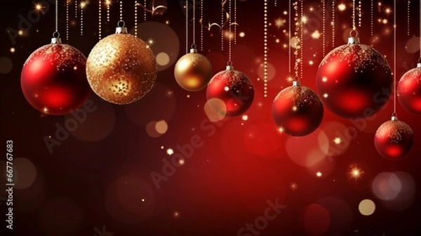 Fototapeta Christmas background with red balls and bokeh.