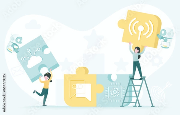 Obraz Artificial Intelligence (AI) technology and assemble jigsaw puzzle strategy. Work together, solving problem, tactical planning, brainstorming, thinking, goal. Flat vector design illustration.