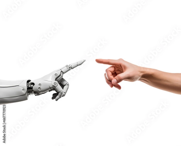 Fototapeta human hand touching with robot hand, hand pointing each other