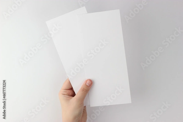 Fototapeta Card mockup in minimalist style, two blank cards 4x9 in hand