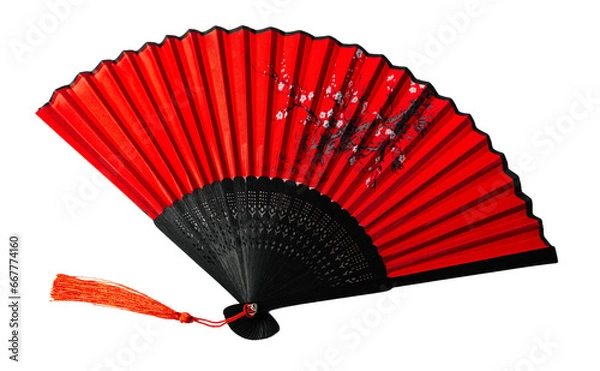 Fototapeta Traditional Japanese red fan, isolated on white or transparent background.