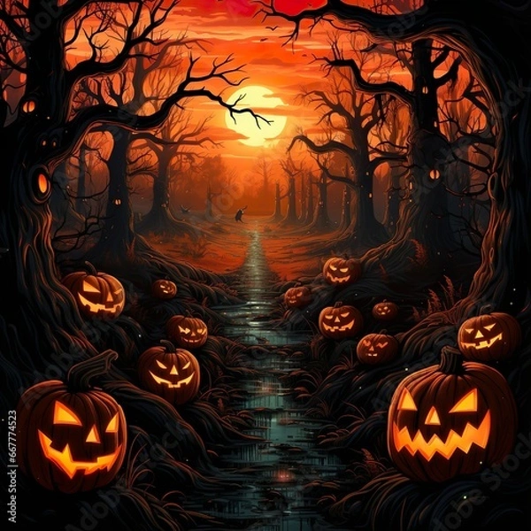 Obraz A spooky forest sunset with a haunted evil glowing eyes. AI, Generative AI