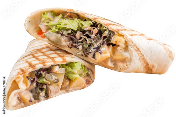 Fototapeta Pita roll with chicken and vegetables filling. Shawarma in pita bread stuffed with vegetables and meat