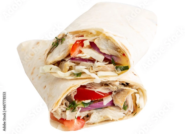 Fototapeta Pita roll with chicken and vegetables filling. Shawarma in pita bread stuffed with vegetables and meat