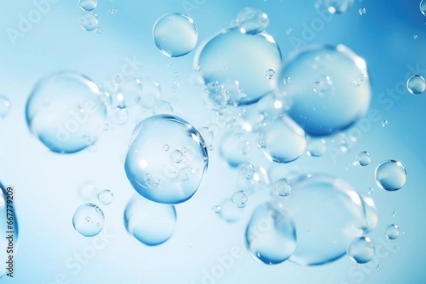 Fototapeta Close-up macro photo of water drops or oil bubbles on blue background.