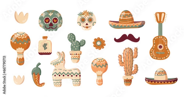 Fototapeta Cinco de Mayo set with traditional Mexican symbols of holiday skull, pinata, sombrero and tequila. Hand drawn elements collectionisolated on white background. Vector illustration