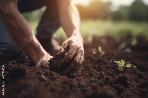 Fototapeta Closeup Hand Holding Soil for Agriculture or Planting. Generative Ai.