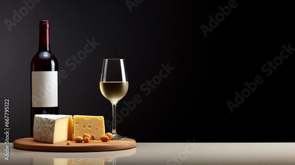 Fototapeta Glass of white wine with a bottle and cheese on wooden tray. Dark background. Copy space. Banner. Generative Al.