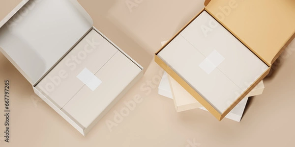 Fototapeta Two open cardboard boxes with paper packaging inside. Aesthetic packaging of goods. Purchasing branded goods. Mock up. 3d rendering