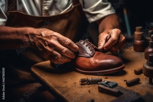 Fototapeta An elderly shoemaker repairing leather shoes. Close-up photo of the shoemaker at work. Master cobbler repairing footwear.