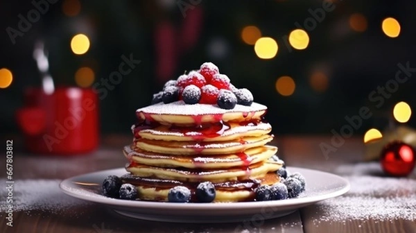 Fototapeta Christmas Stack of Berry-Packed American Pancakes on Rustic Table Decorated with Vintage Flair