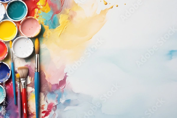 Fototapeta set of accessories for painting with paints and brushes. fine art tools. creative composition in flatley style . top view. copy space.	
