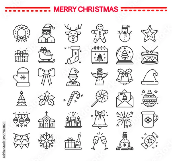 Fototapeta Christmas icon collection, winter holiday background, xmas decoration elements, noel ornaments, festive backdrop, vector illustration, outline icons set.