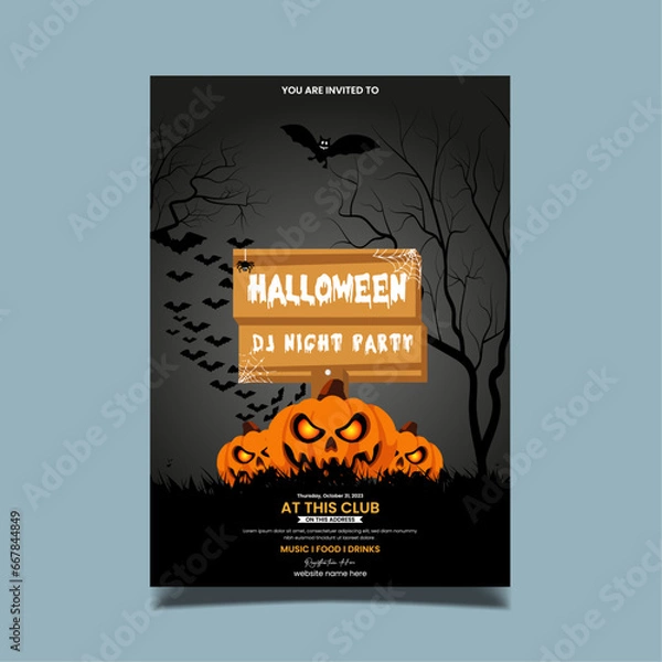 Obraz Halloween night background with pumpkin, haunted house and full moon. Flyer or invitation template for Halloween party. Vector illustration.